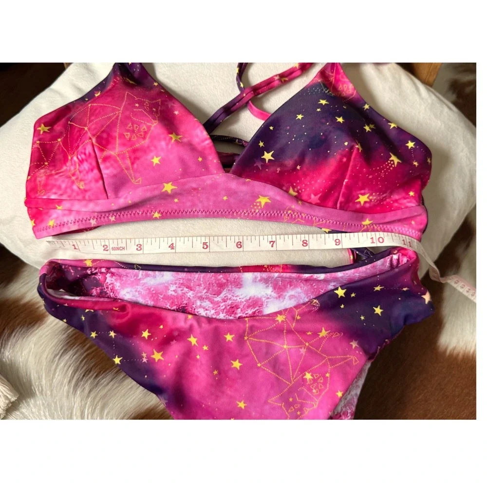 Celestial Cosmic Purple Pink Galaxy Bikini Set w/ White Crochet CoverUp Skirt XS